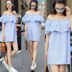 Zara Blue White Oxford Cotton Off‎ Shoulder Dress